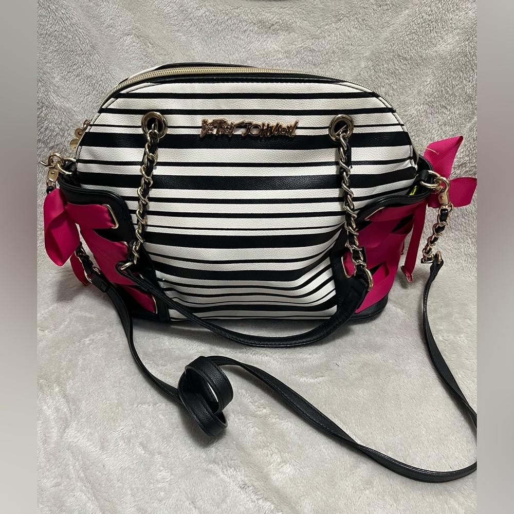 Betsey Johnson Black and White Striped Bag with Pink Bows